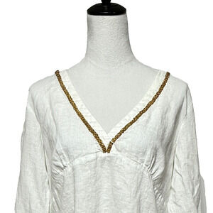 Chicos Top Womens‎ Large Linen White Gold Beaded Trim Slits Beach Vacation